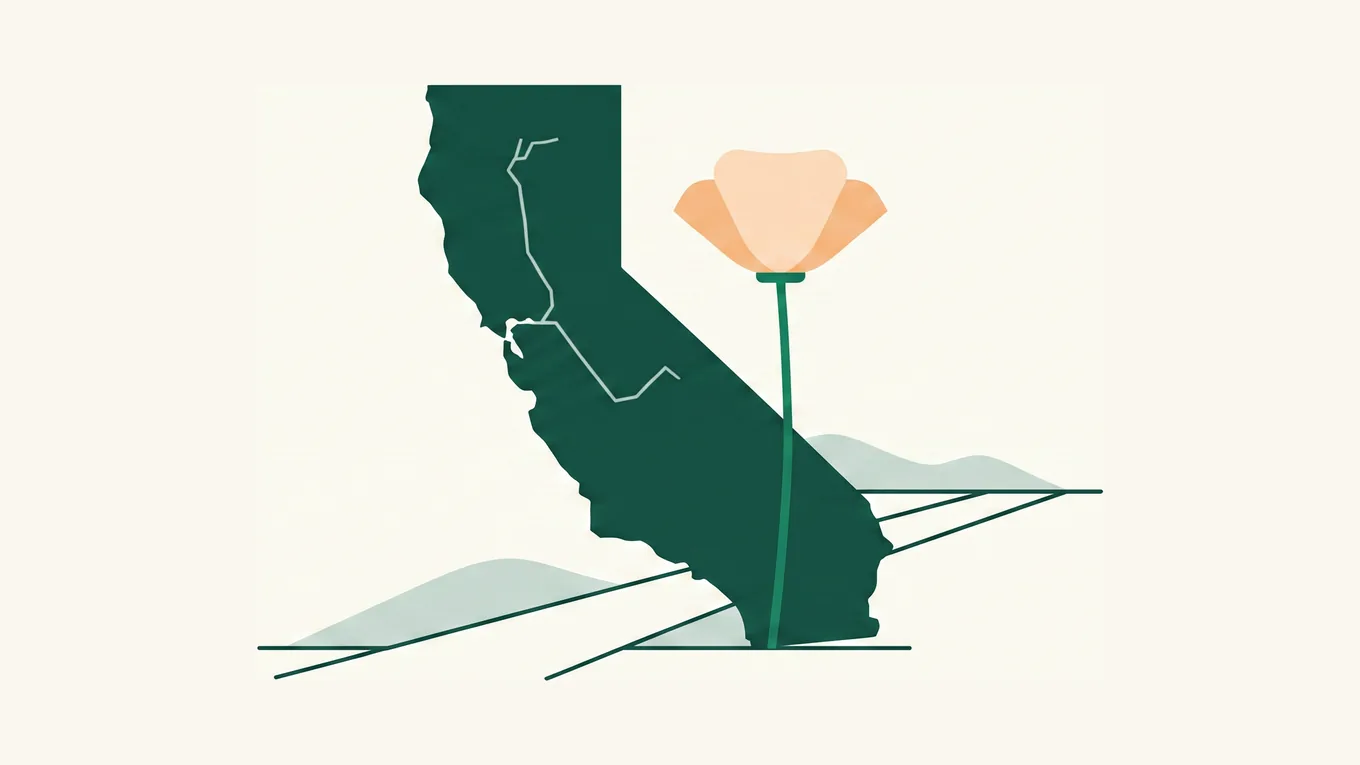 The outline of California divided into county-like segments, with a poppy marking one of them.